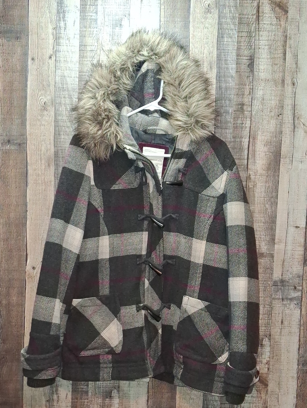 Y2K Aeropostale Women’s Plaid Toggle Coat Gray/Burgundy Size XL Jacket
